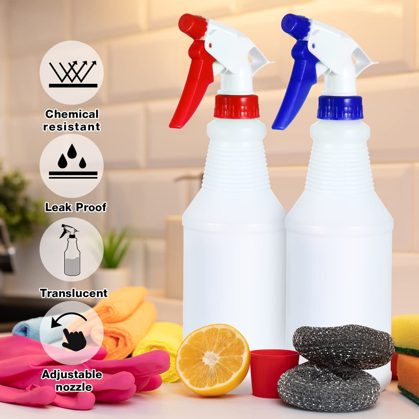 Sabary 18 Pack Spray Bottles in Bulk,16 oz Plastic Empty Clear Spray Bottles for Cleaning Solution Leak Proof Refillable with Label Funnels and Adjustable Nozzle for Home Gardening Commercial