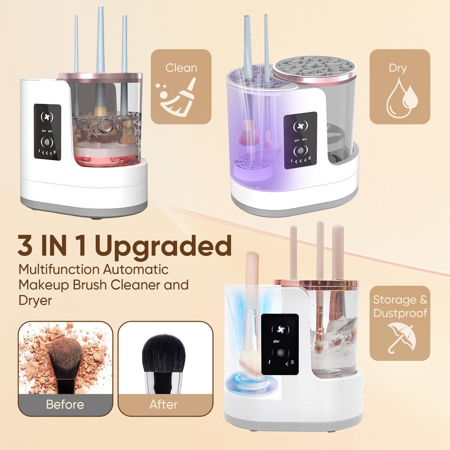 Electric Makeup Brush Cleaner 3-in-1, Automatic Brush Washing & Air-Drying Machine, Dual-Direction Deep Cleaning, Adjustable 2H/5H Drying, Fits Most Brush Sizes, Plug in Design (2026 Upgrade)