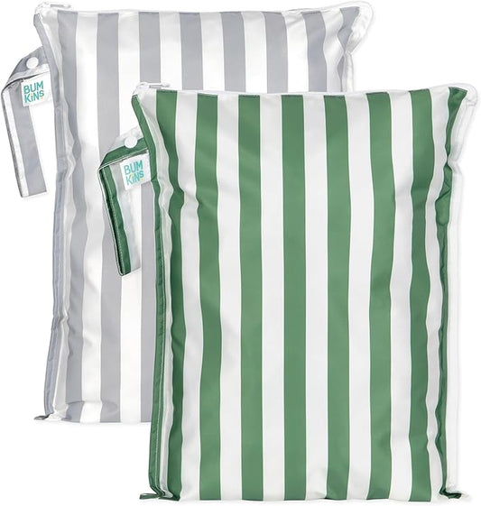 Bumkins - Larger Waterproof Wet Bag - For Baby, Travel, Swim Suit, Cloth Diapers, Pump Parts, Pool, Gym, Toiletry, Strap to Stroller - Reusable & Easy to Clean - 2pk - Gray & Green Stripe