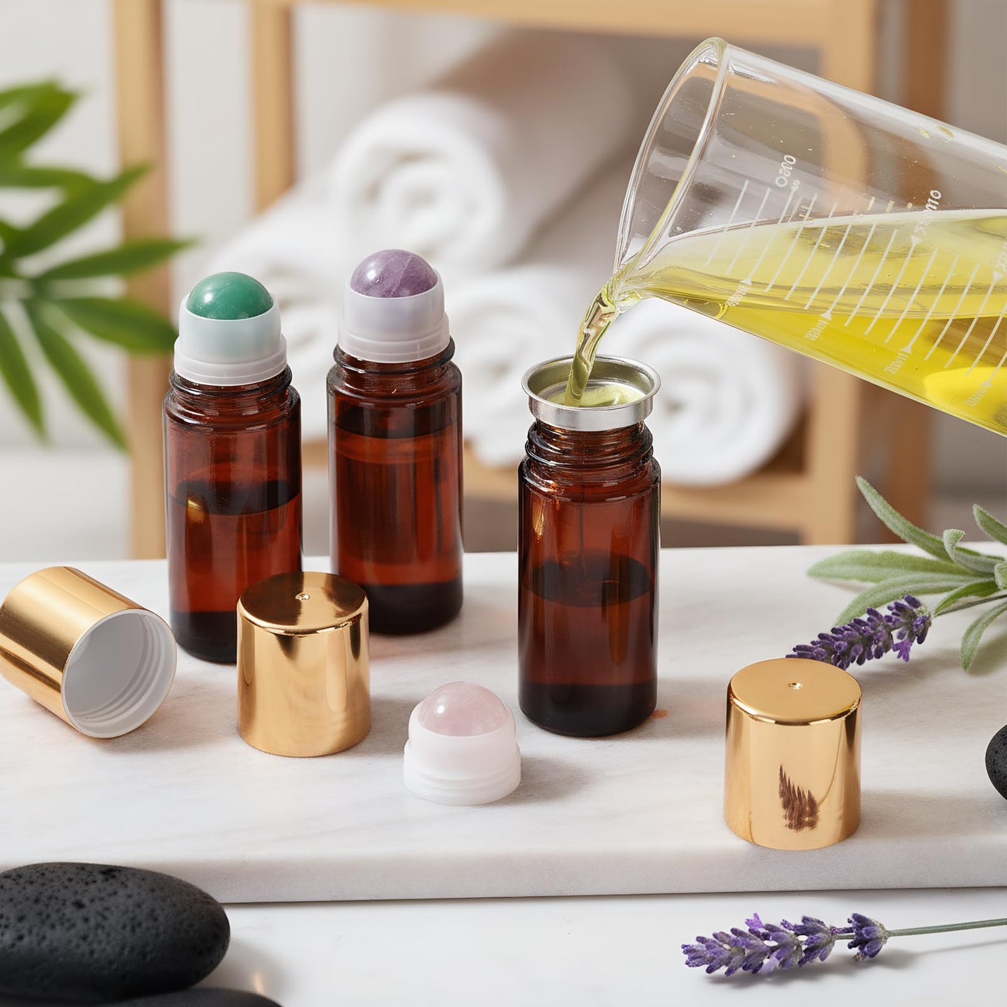 Roller Ball Applicator,Rose Quartz Roller Bottle,50ml Refillable Amber Glass Roll On Bottles with Natural Crystal Roller Balls,Leak-Proof Travel Perfume Bottle with Gold Caps (Pink+Green)