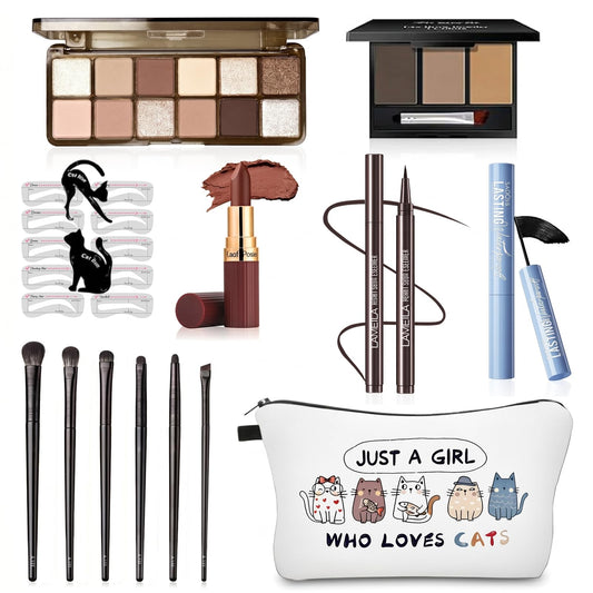 Basic Eye Makeup Kit for Women, 90s Neutral Eyeshadow, Brow Powder, Brow Stencils, Cat Eyeliner Guides, Taupe Matte Lipstick, Cat Lover Cosmetic Bag & etc. - Perfect Makeup Gift Set for Girls & Teens.