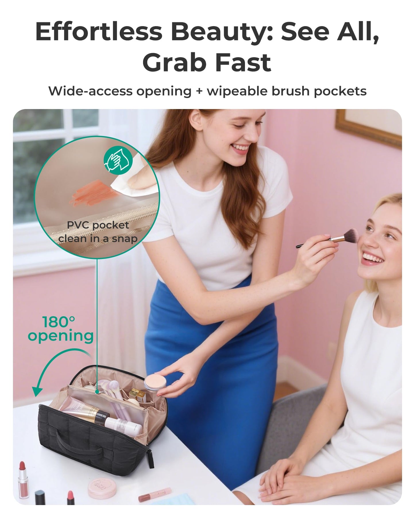BAGSMART Travel Makeup Bag for Women, Portable Water-resistant Cosmetic Case, Puffy Padded Make Up Organizer Pouch, Open Flat Toiletry Bag for Toiletries, Brushes, Coffee