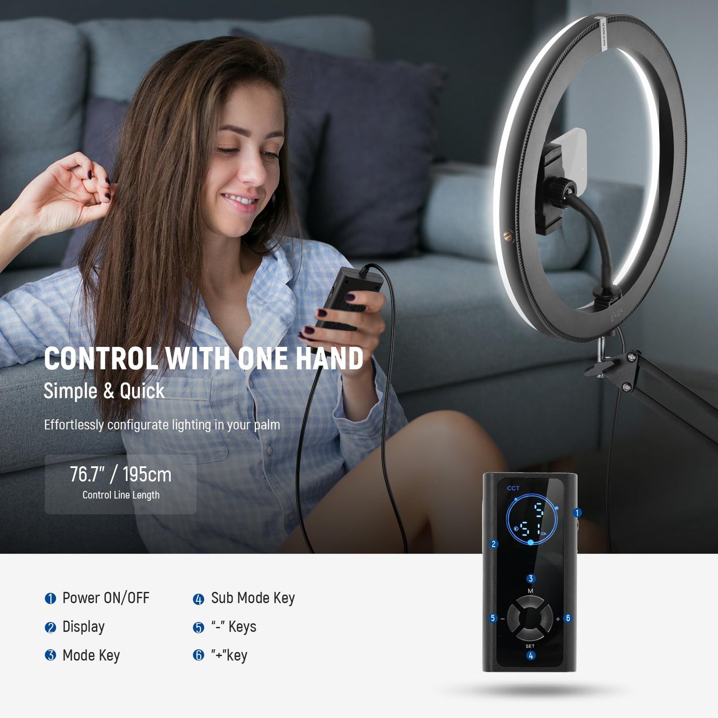 NEEWER 12" 24W High Power LED Ring Light Compatible with iPhone, 60" Overhead Folding Light Stand/Phone Holder Mount for Video Recording Selfie Makeup Streaming,2900-7000K USB C PD Input CRI97+,RH12B