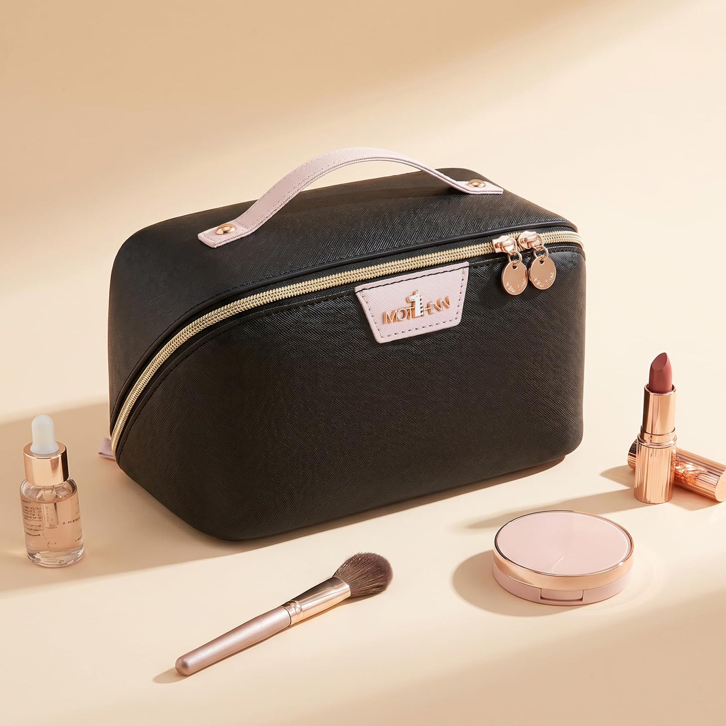 MOT HINN Travel Makeup Bag for Women: 3-in-1 Large Capacity Cosmetics Organizer with 2 Detachable Pouch - Vegan Leather Flat Open Toiletry Bag - Portable Travel Essentials for Full-Sized Bottles-Black