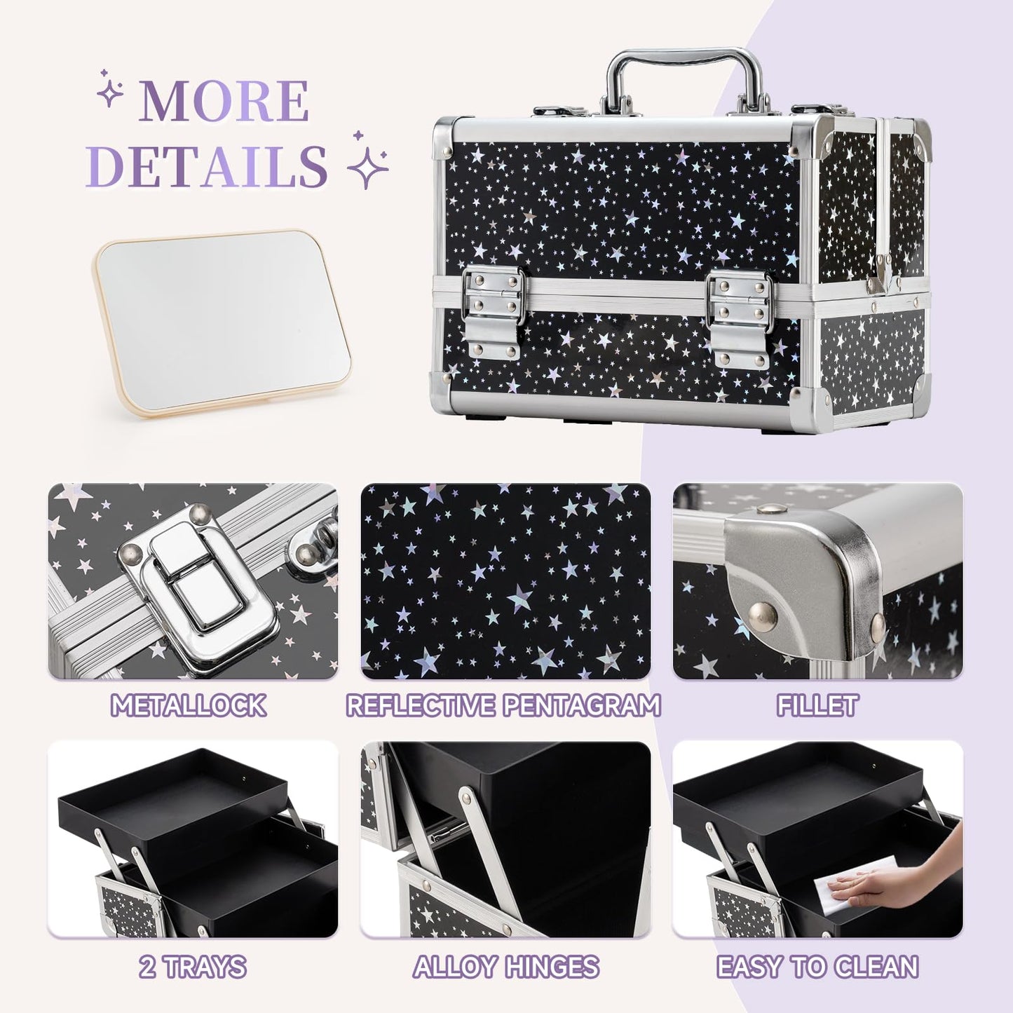 Leeora&Leekoo Makeup Train Case Cosmetic Box Portable Makeup Case Organizer 2 Trays Makeup Storage for Cosmetologist Aesthetic Supplies Nail Tech Traveling Makeup Box (Flashing Star)