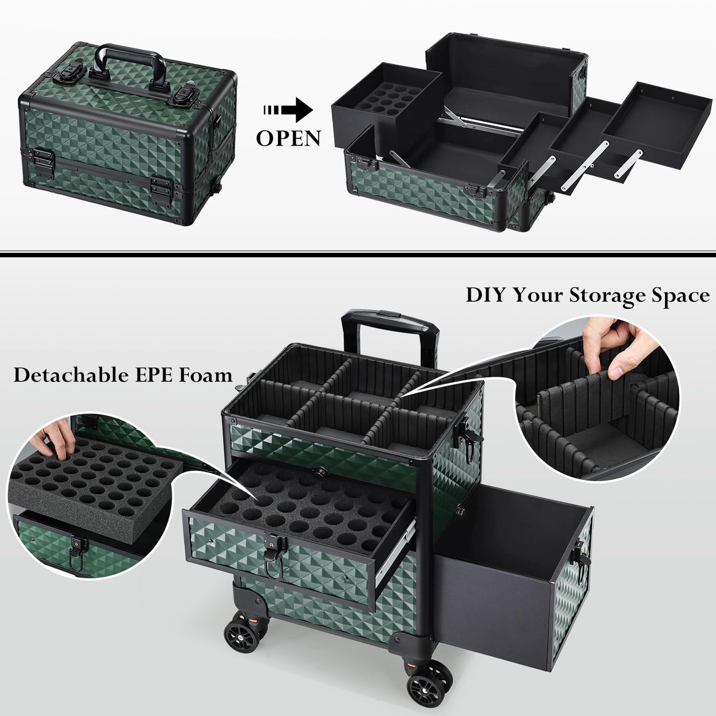 Joligrace Rolling Makeup Case with Drawers - Tattoo Storage Organizer Travel Cart for Nail Tech, Cosmetology, Barber Tools - Portable Suitcase on Wheels Dark Green