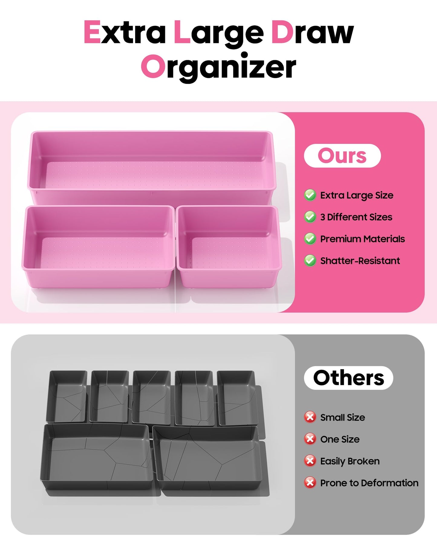 MLIKLU 10 Pack Large Size Plastic Drawer Organizers Set, 3 Sizes Desk Drawer Organizer Trays, Storage Bins for Vanity, Makeup, Bathroom, Kitchen Utensils and Office (Pink)
