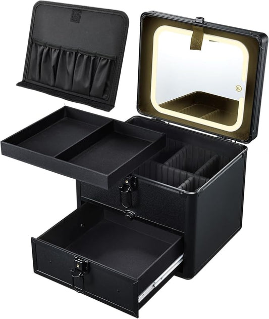 Makeup Case with Drawer, Detachable Lighted LED Mirror, Makeup Organizer Box Travel Make up Vanity Case Portable Cosmetic Train Case for MUA Lockable Makeup Suitcase with Adjustable Dividers