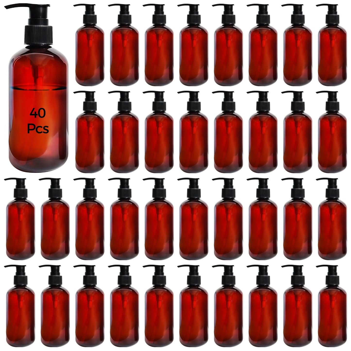 40 Pcs Empty Lotion Bottles with Pump 8oz - Refillable Amber Plastic Bottles, Liquid Dispensers with Secure Pumps, 250ml Travel-Size Containers for Lotion, Shampoo, Conditioner, Body Wash