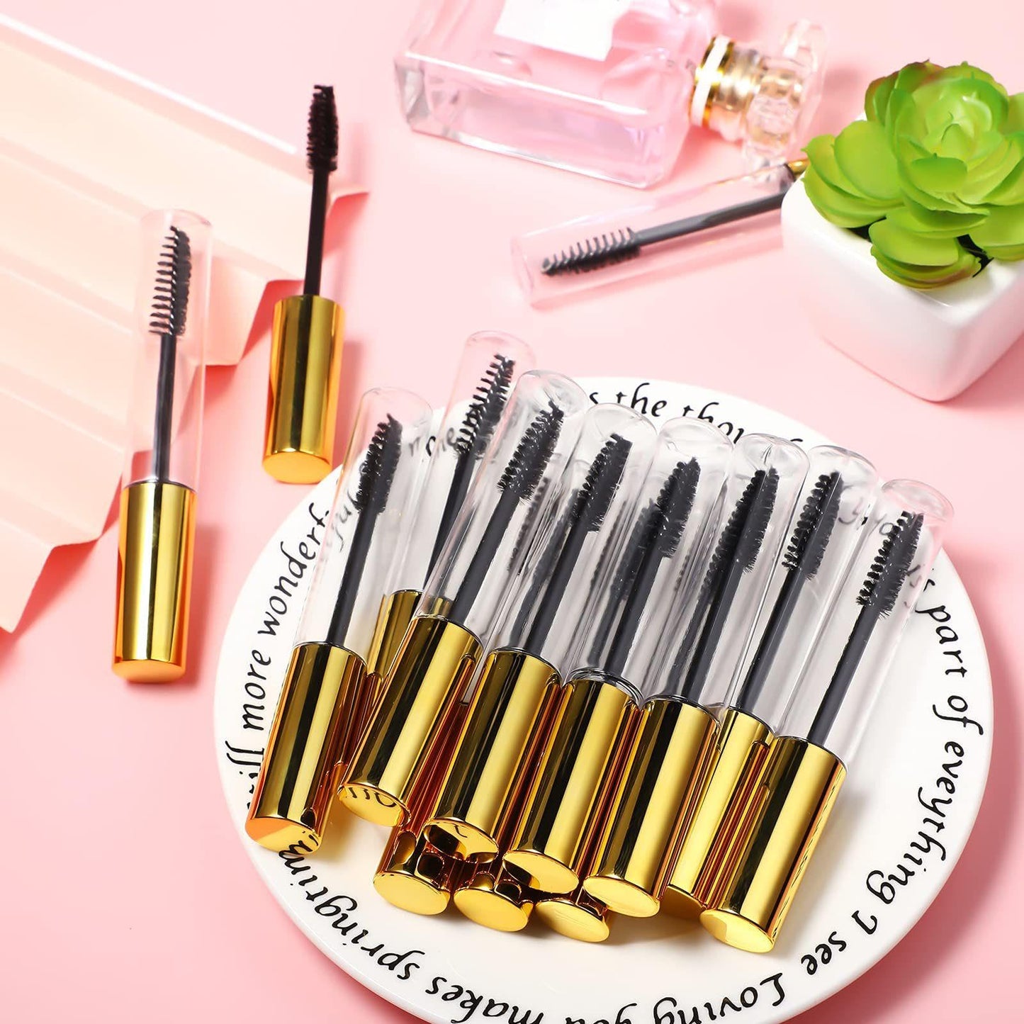 Maitys 40 Pieces 10 ml Empty Mascara Tubes Eyelash Wand Refillable Clear Bottles Eyelash Cream Container Bottle with 4 Pieces Transparent Funnels Transferring Castor Oil for DIY Cosmetics (Golden)