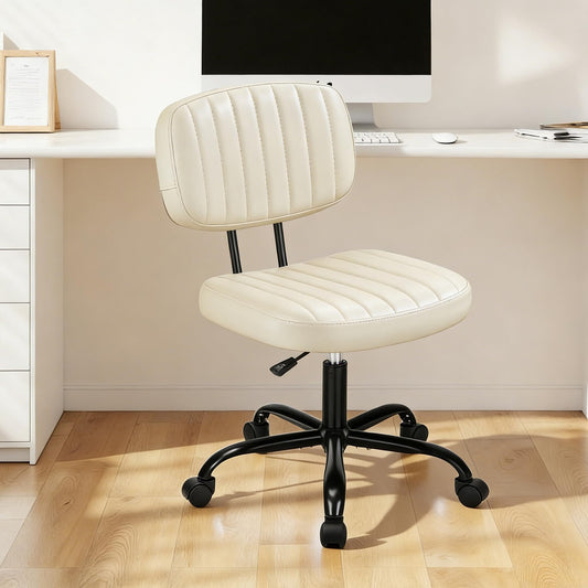Swivel Rolling Office Chair, Armless Pu Leather Vanity Chair with Back Lumbar Support Height Adjustable Computer Chair, Small Desk Chair for Home Office, Beige White