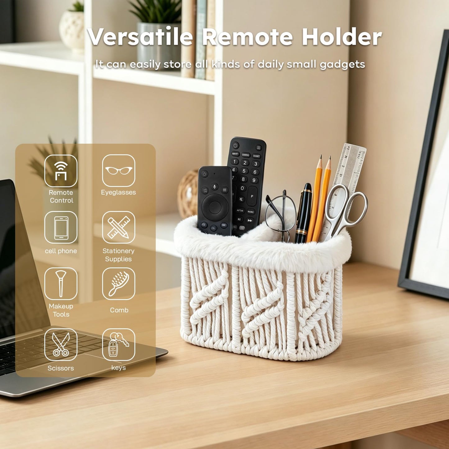 OPULANE Remote Control Holder, Plush Lined TV Remoter Holder Caddy, Nightstand Desk Dresser Bedside Table Storage Organizer for TV Remotes, Media Controllers, Glasses, Office Supplies (Beige, 2 Slots)