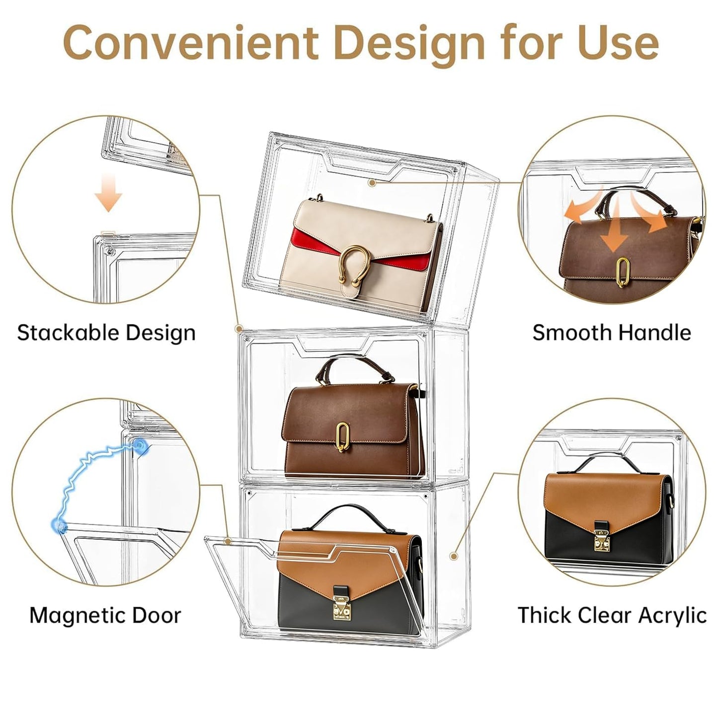 Purse Organizer for Closet,Clear Acrylic Display Case for Handbag Organizer, Purse Storage Box with Magnetic Door, Plastic Storage Bins for Book, Collectibles, Cosmetic (5 Pack)