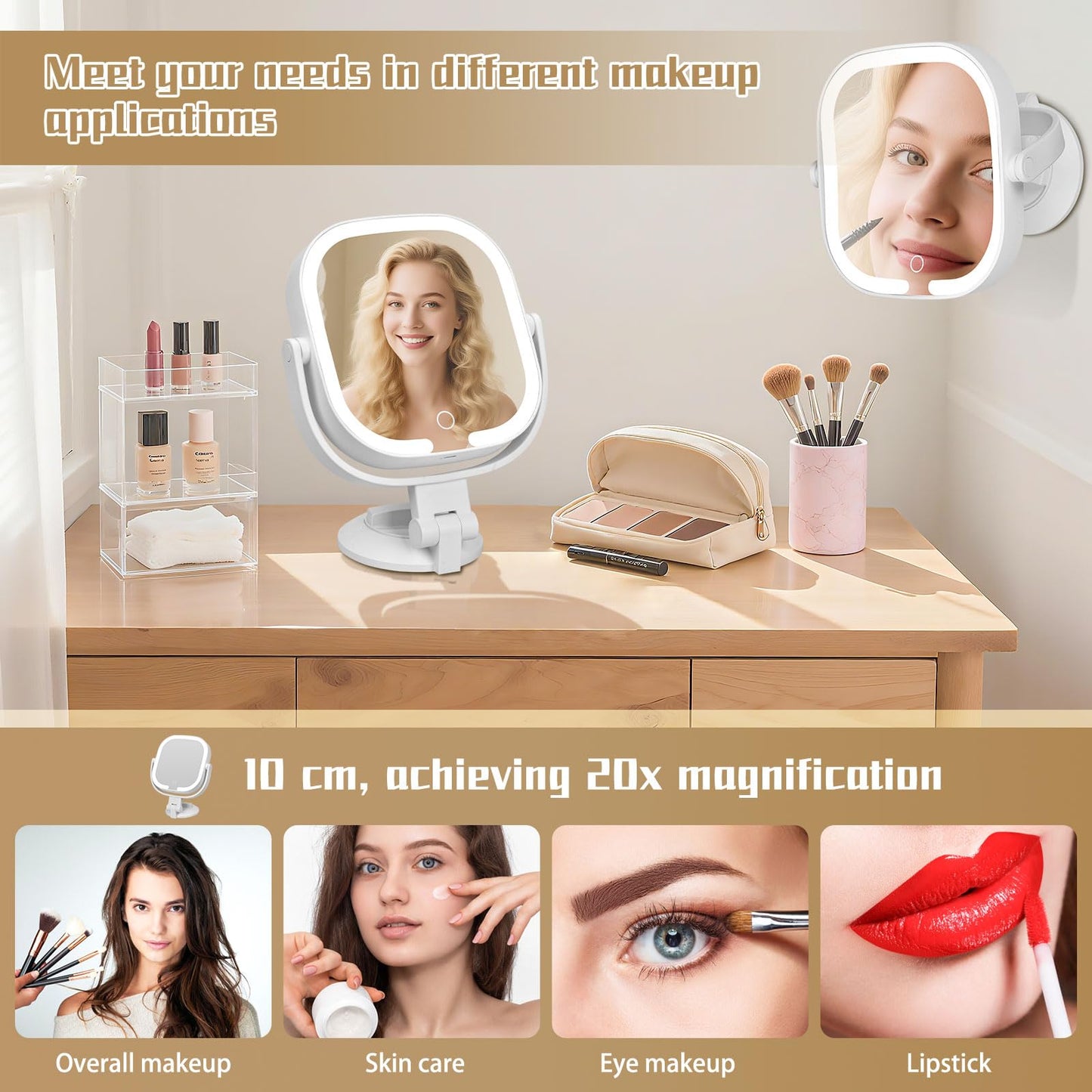 LSNDRG 30X Magnifying Makeup Mirror with Light, Square Lighted Vanity Mirror with 3 Color Lighting Modes, Dual-Sided 1X/30X, Suction Cup Wall Mounted, Rechargeable, 360° Rotation, Portable