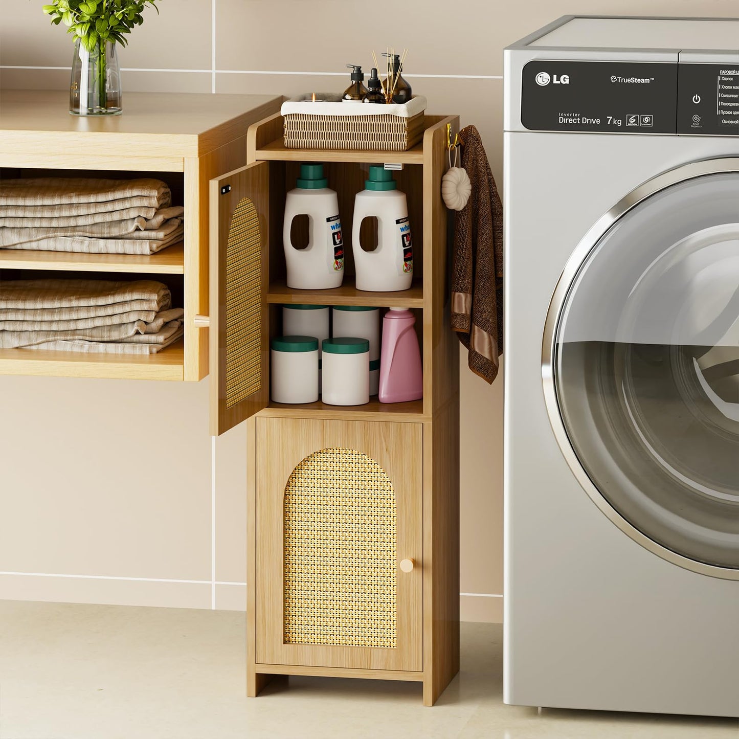 Arbuxzuy Rattan Bathroom Storage Cabinet,Corner Floor Cabinet with 2 Doors and Adjustable Shelf, Narrow Toilet Paper Cabinets with 2Hooks,Toilet Organizer for Small Spaces,7.87"D*9.84"W*29.72"H Oak