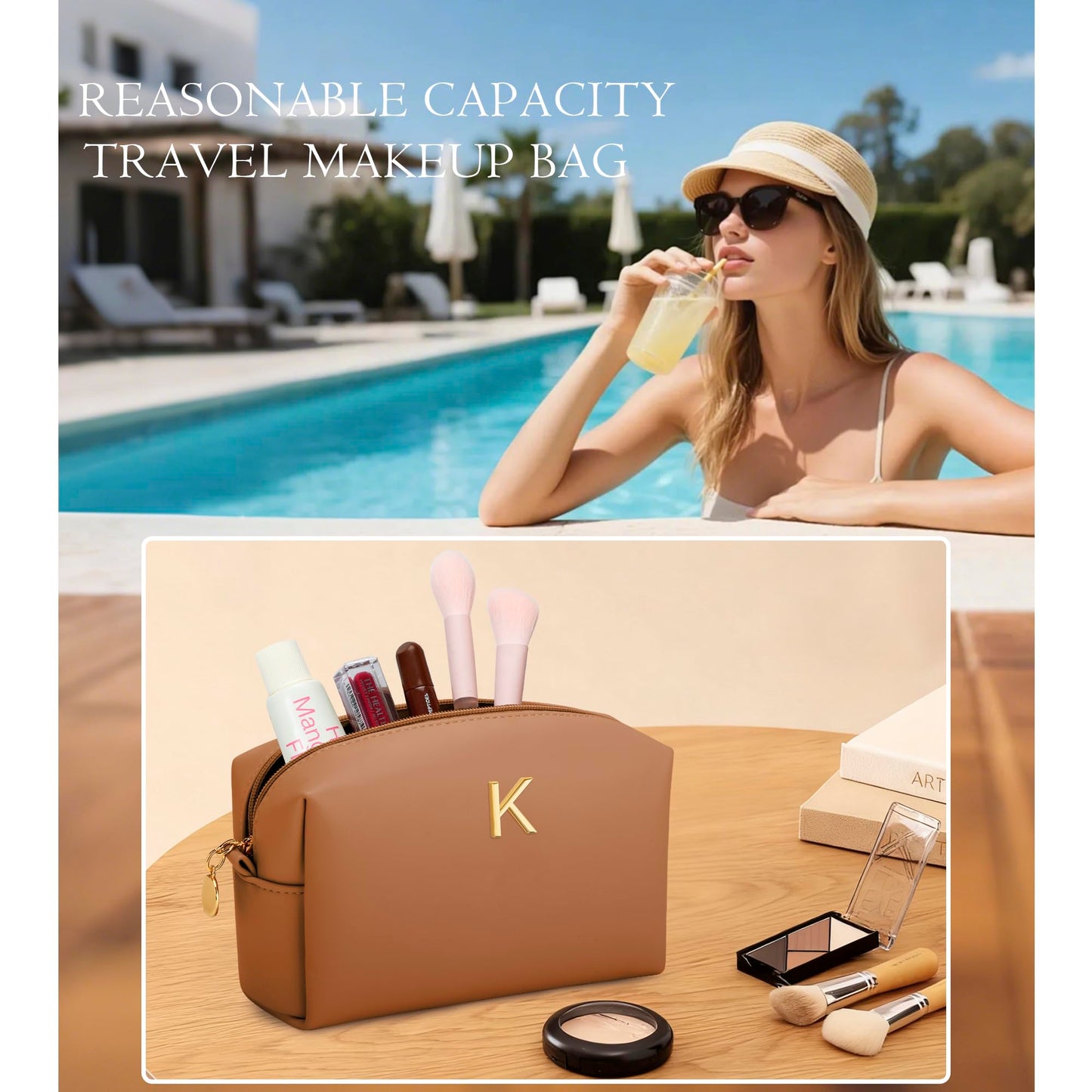 CLOUDWINGS Gifts for Women Bridesmaid Gifts Personalized Initial Makeup Bag PU Leather Cosmetic Waterproof Travel Toiletry Bag (Brown K)