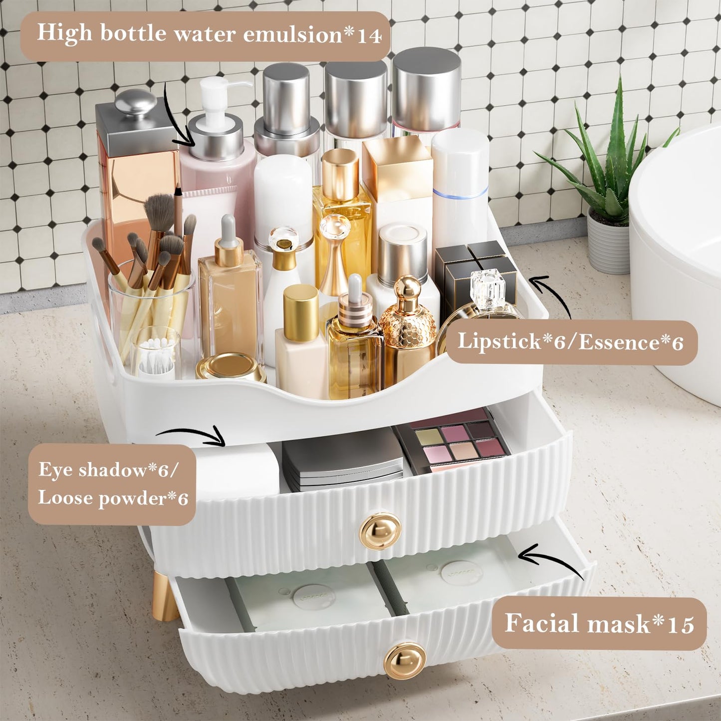 Makeup Organizer Countertop, Large Capacity Skincare Cosmetic Organizer for Vanity with 2 Drawers, Cosmetic Display Cases Makeup Storage Box for Bedroom, Bathroom, Ideal Gifts for Women(White)