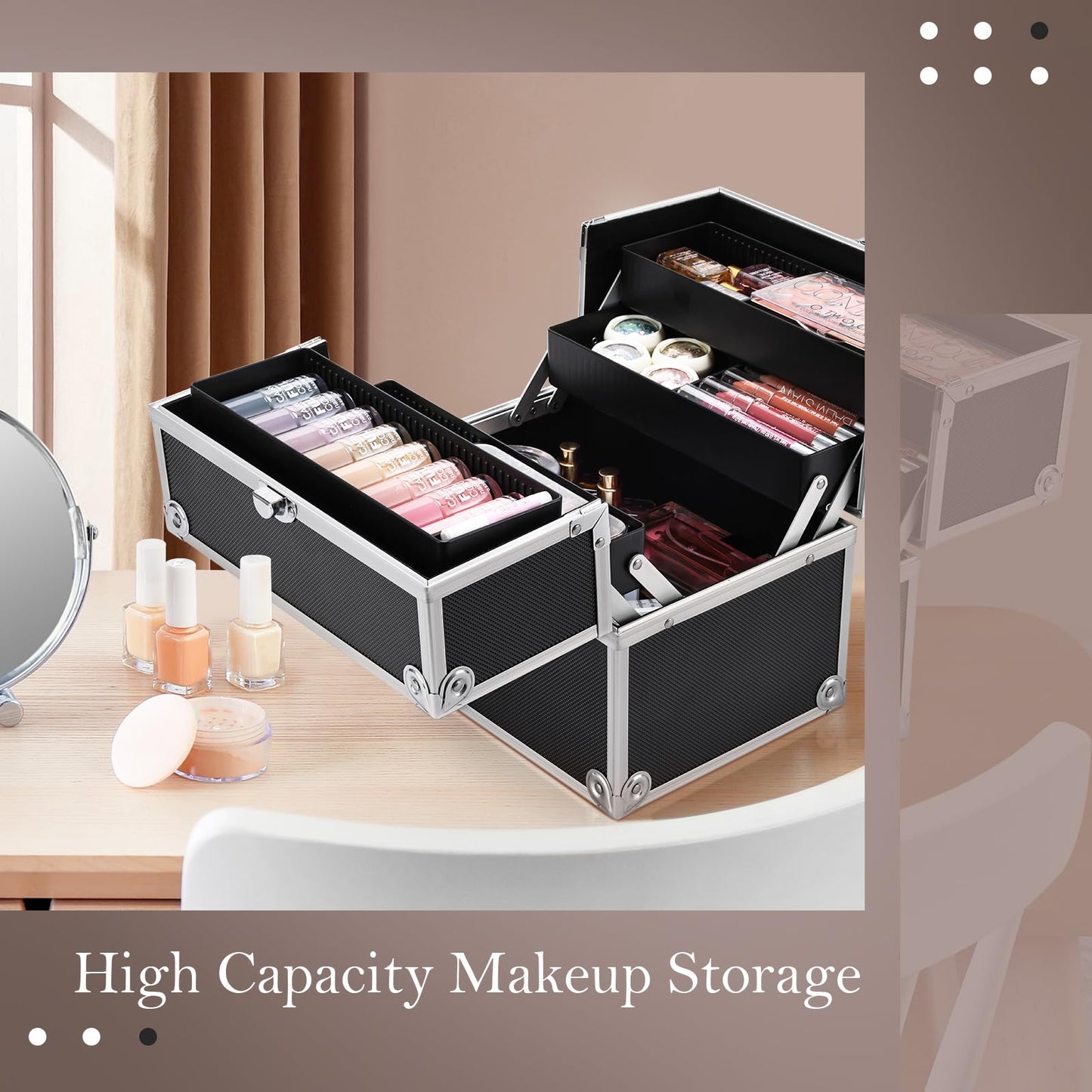 Frenessa Makeup Train Case Cosmetic Organizer Case Professional Makeup Storage Box 4 Trays with Divider Lockable Travel Case Portable Travel Makeup Box for Makeup Artist, Carfter, Cosmetics Black