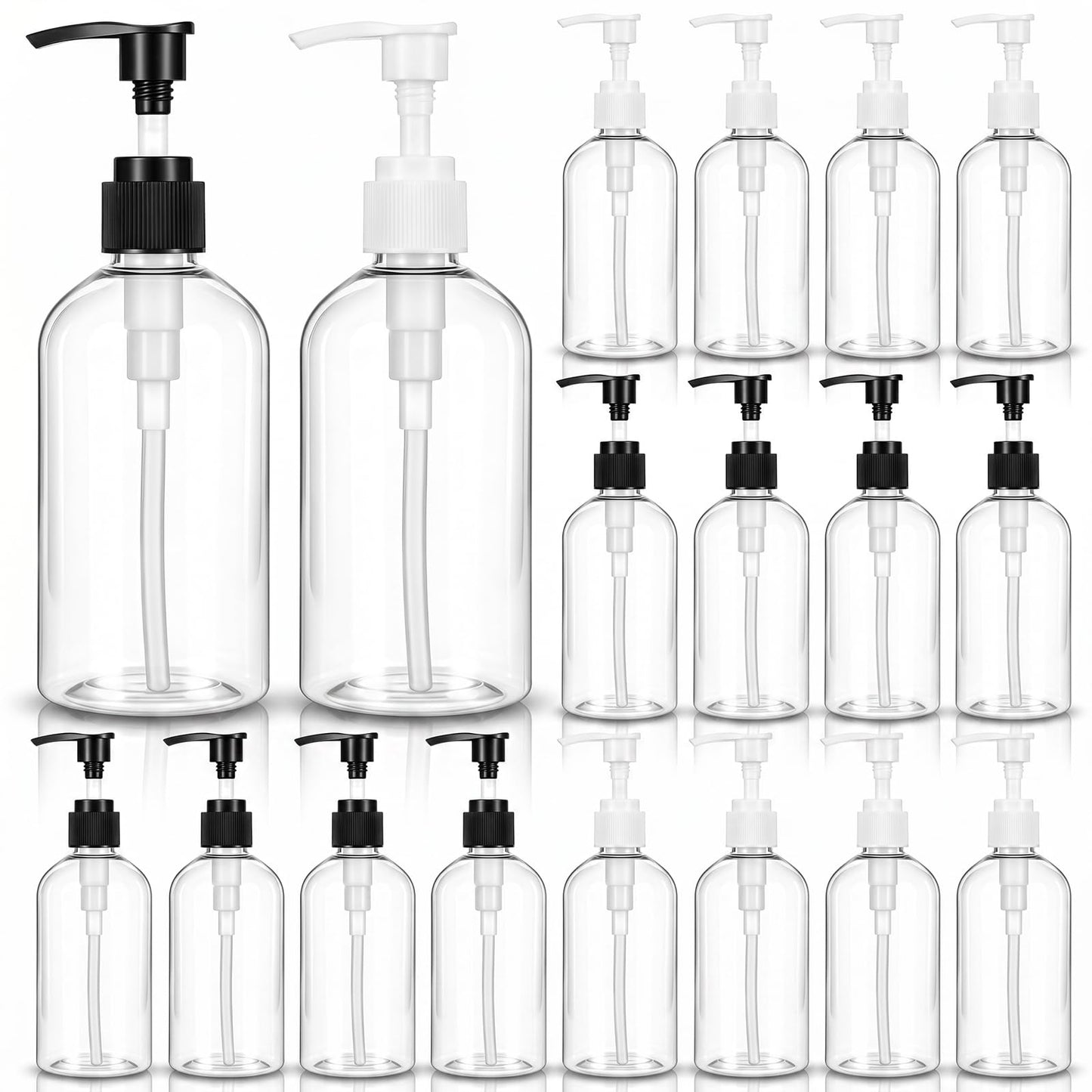 24 Pack 8 oz Clear Empty Lotion Bottles, Plastic Pump Bottle with Black and White Pumps, Refillable Travel Lotion Container, Clear Round Hand Soap Bottles for Body Wash, Creams, Shampoo, Conditioner
