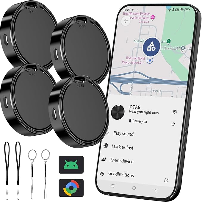 Tracker Tag for Android 4 Pack Luggage Tracker Tags Compatible with Google Find Hub App (Android Only) Bluetooth Tracker Key Finder and Item Locator for Wallets, Backpack, Suitcases-Black