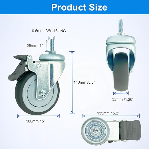 4 inch Swivel Caster Wheels Heavy Duty, 3/8"-16x1 Threaded Stem Casters Set of 4, TPR Rubber Wheels for Hospital, Lab, Furnitures,Restaurant