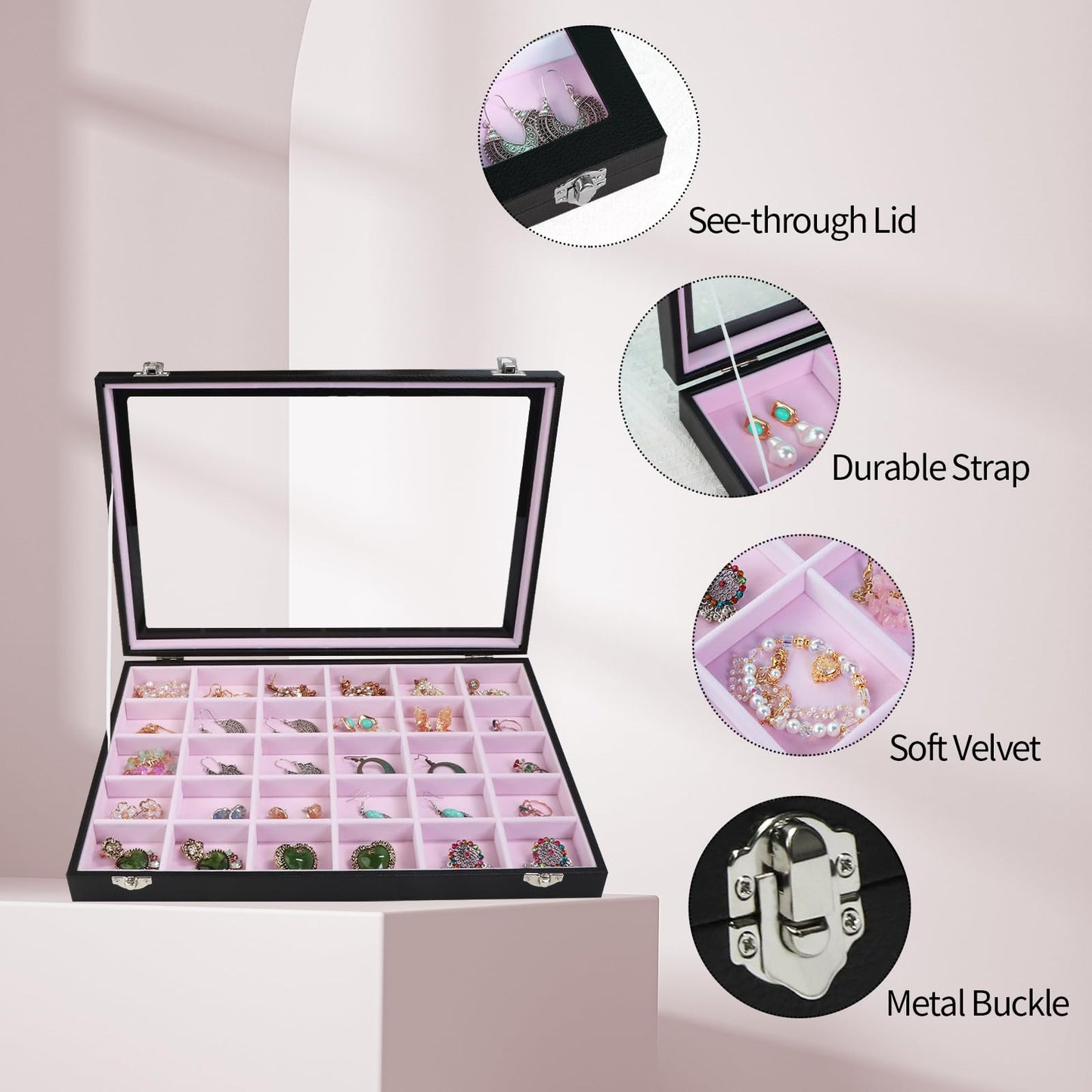 Stratalife Jewelry Organizer Earring Holder Jewelry Tray with Lid Earring Storage Drawer Organizer Earring Ring Storage for Women 30 Grid (Pink Black)