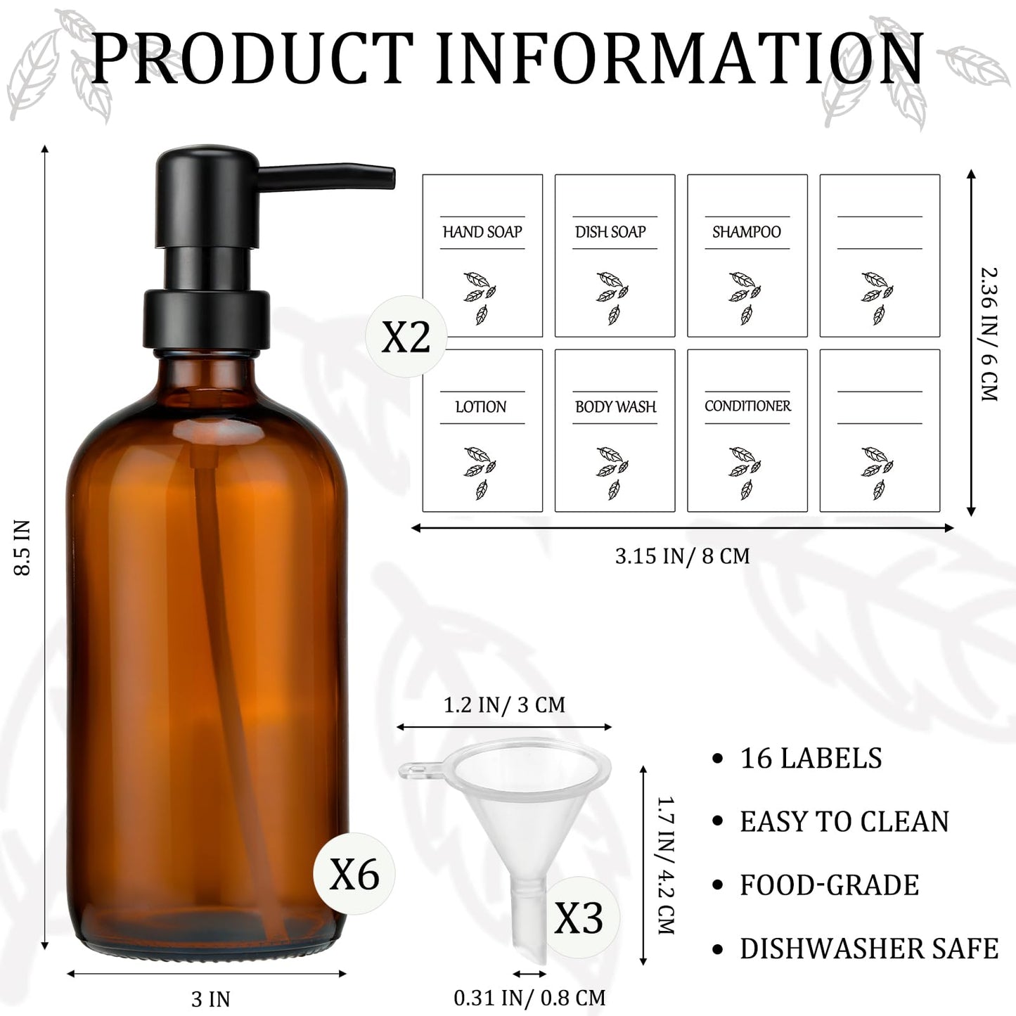 Maxcheck 6 Pack 16 oz Amber Glass Soap Dispenser Bathroom Hand Soap Dispenser with Pump with 16 Pcs Waterproof Labels Funnel Dish Liquid Bottle for Kitchen Bathroom(Plastic)