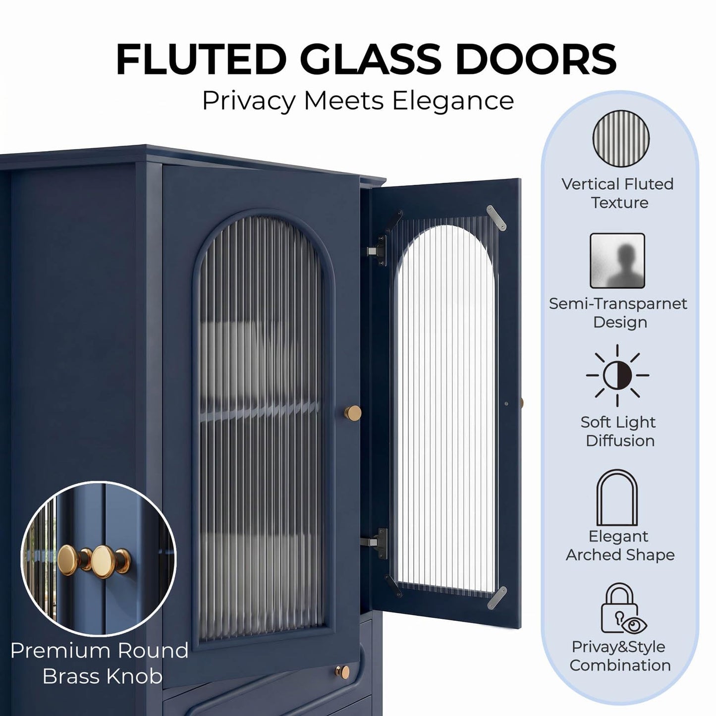 46.5'' Tall Buffet Cabinet with Arched Fluted Glass Doors and Drawers,Modern Accent Cabinet with Solid Wood Legs,Wooden Storage Cabinets for Living Room,Dining Room Hallway Entryway,Navy Blue