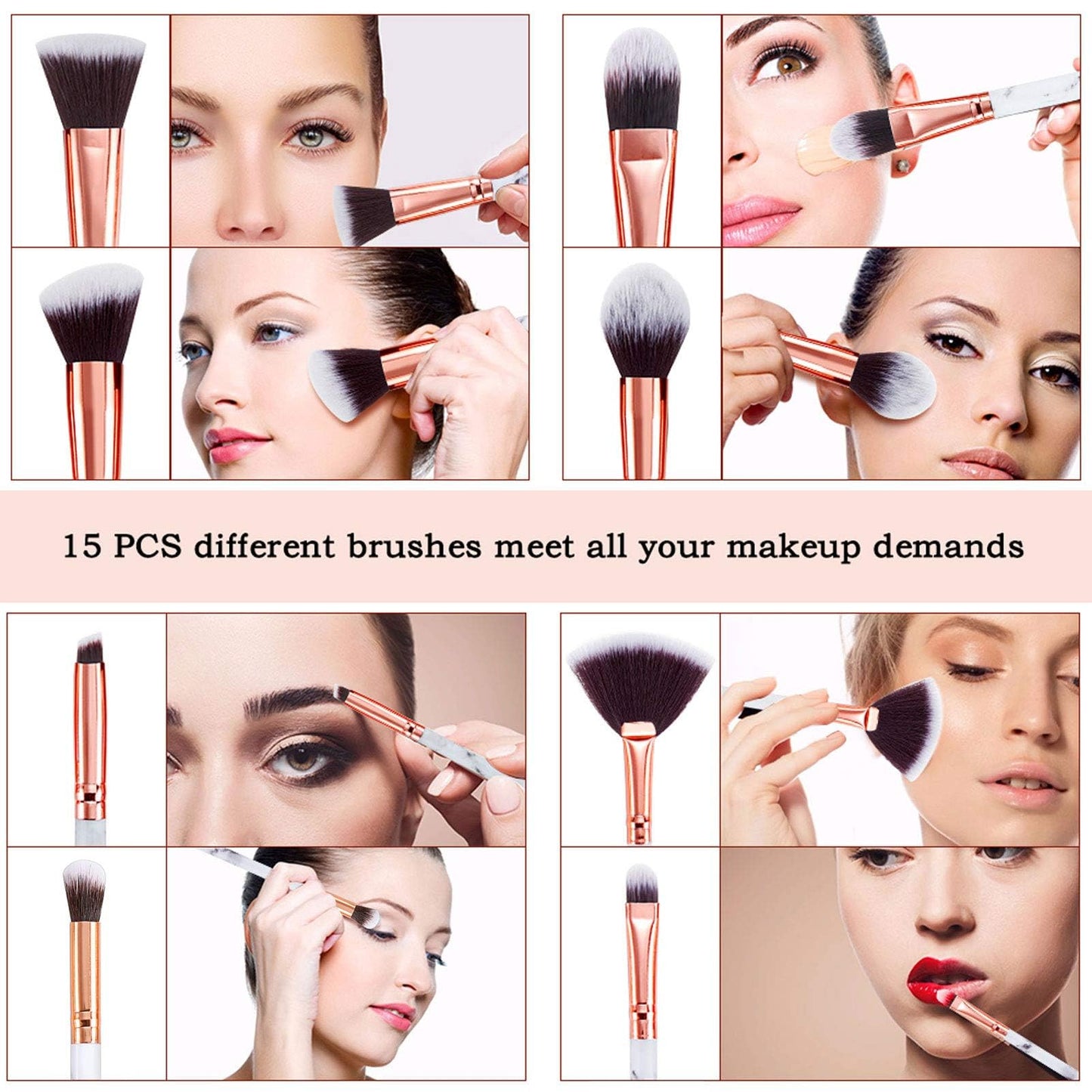 Makeup Brushes DUAIU 15PCs Marble Makeup Brush Set Premium Synthetic Kabuki Powder Blush Contour Foundation Concealer Eyeshadow Brushes with Makeup Sponge Make up Tool A Grey
