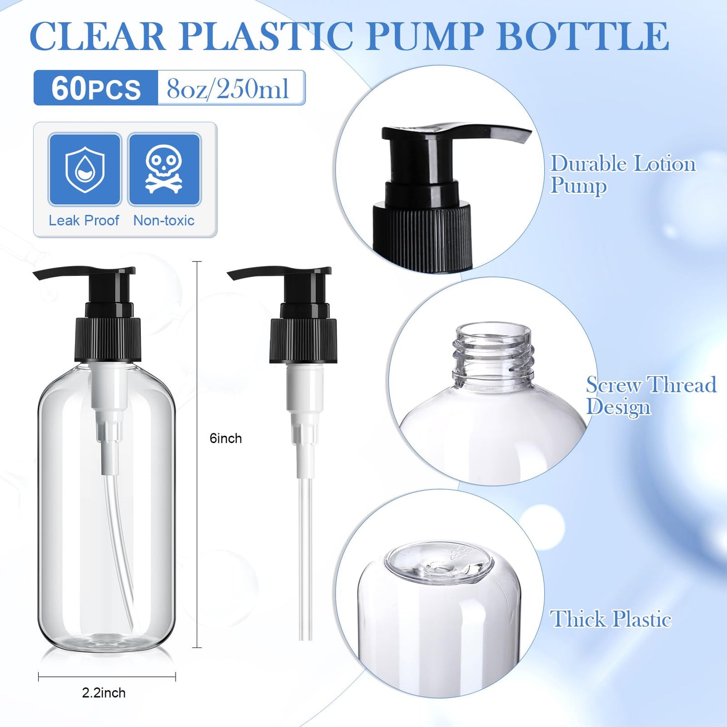 Gerrii 60 Pcs 8 oz/ 250 ml Plastic Empty Pump Bottles Lotion Clear Refillable Plastic Bottles with Pumps Dispenser Portable Travel Container for Body Wash, Liquid Soap, Massage Oil(Black Pump)