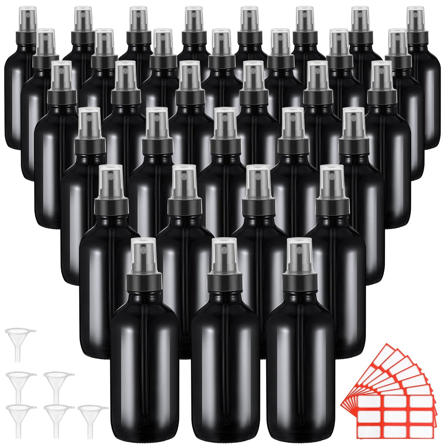 Fumete 36 Pcs Glass Spray Bottles 4oz Fine Mist Glass Spray Bottle Refillable Liquid Containers with 6 Labels 6 Funnel for Hair Travel Plants Cleaning Solutions Skin Care(Black,Classic)