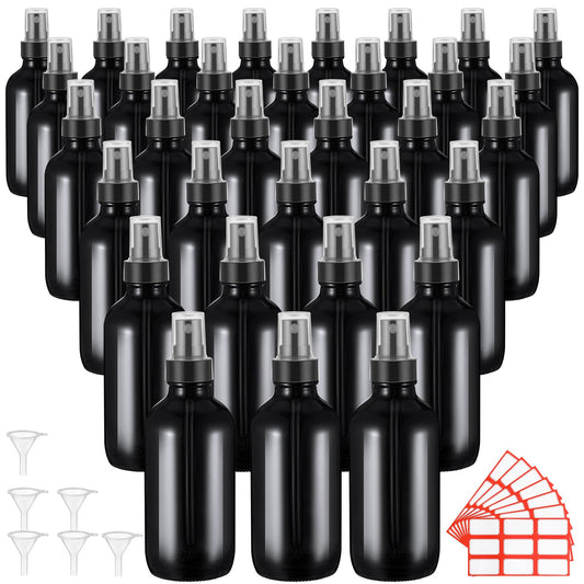 Fumete 36 Pcs Glass Spray Bottles 4oz Fine Mist Glass Spray Bottle Refillable Liquid Containers with 6 Labels 6 Funnel for Hair Travel Plants Cleaning Solutions Skin Care(Black,Classic)