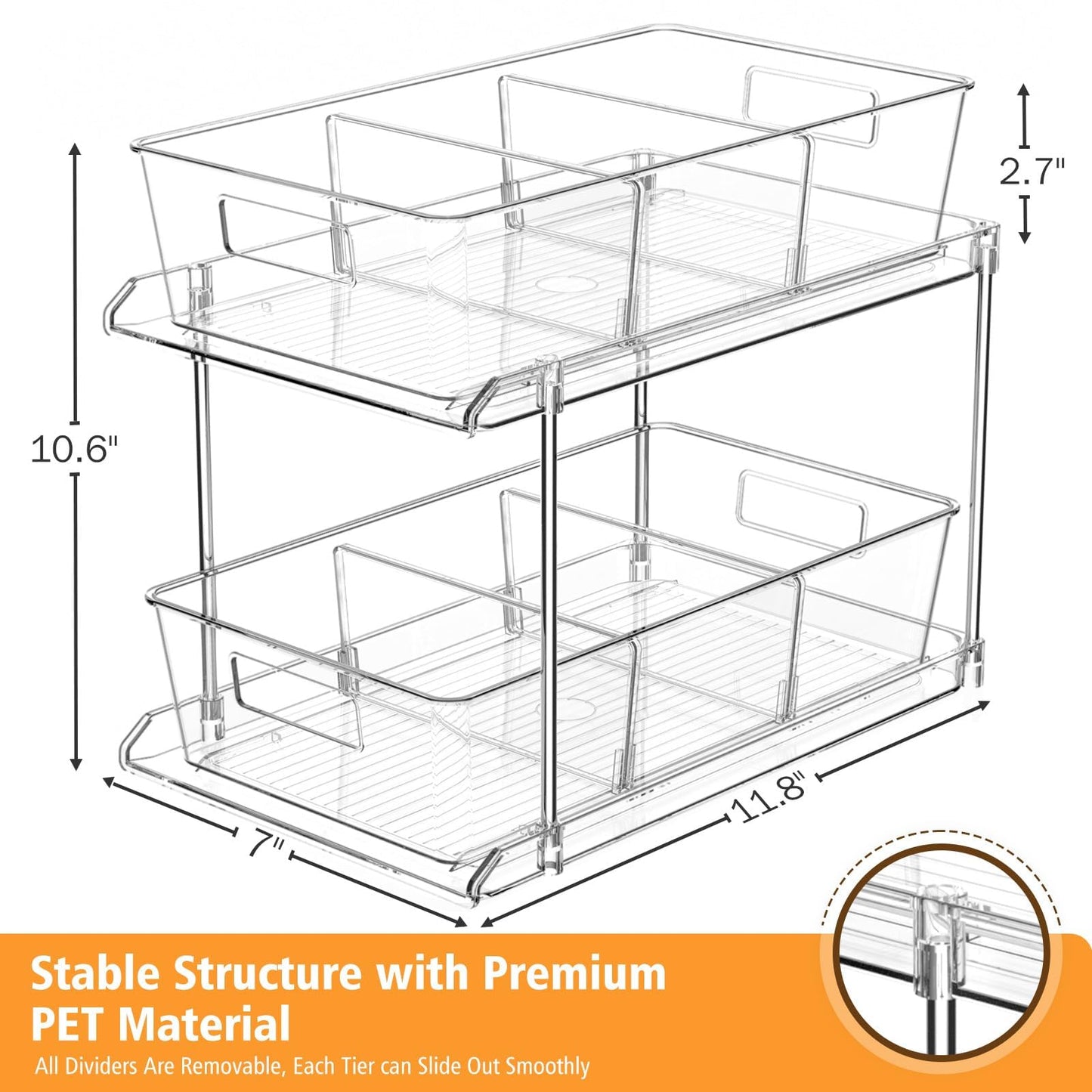 Fabspace Bathroom Organizers and Storage, 2 Tier Under Sink Organizers, Vanity Countertop Pull-out Cabinet Organizer, Storage Container, Multi-Purpose Kitchen Pantry Organization with Dividers,2 Packs