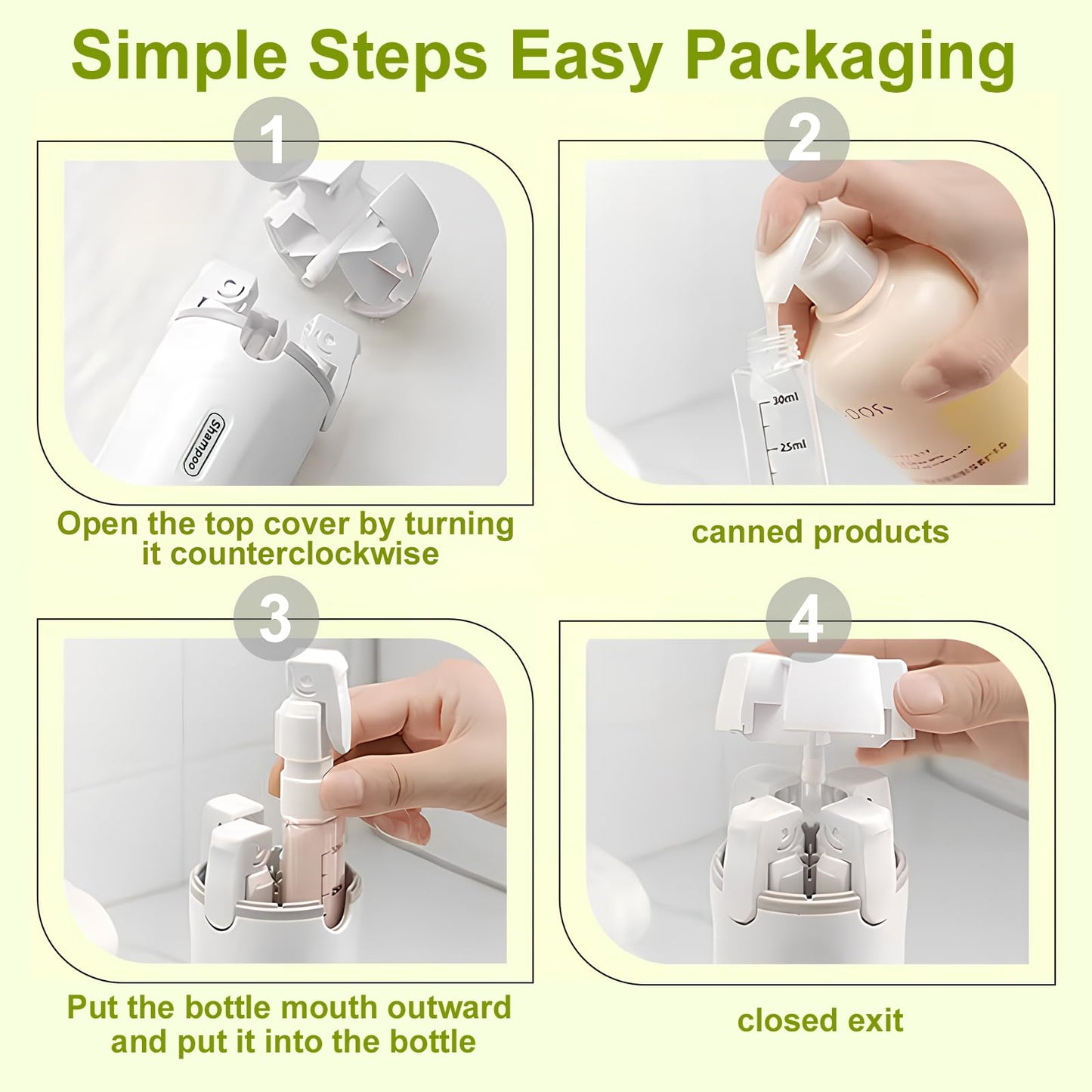 ZXAPJJD 4 in 1 Travel Dispenser Bottle, Leakproof Rotatable Travel Pump Bottles for Toiletries, TSA Approved Hard Shell Liquid Containers (4x30ml/1oz), Essentials for Women & Men (White)