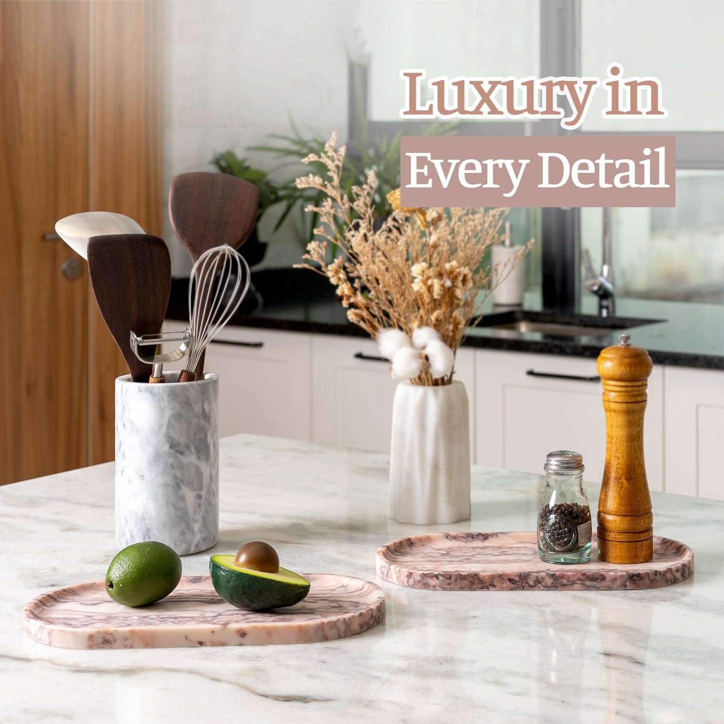 Koville Natural Marble Tray, 12"x6" Decorative Tray for Countertop, Catchall for Perfume, Candles, Jewelry Dish Moca Jade