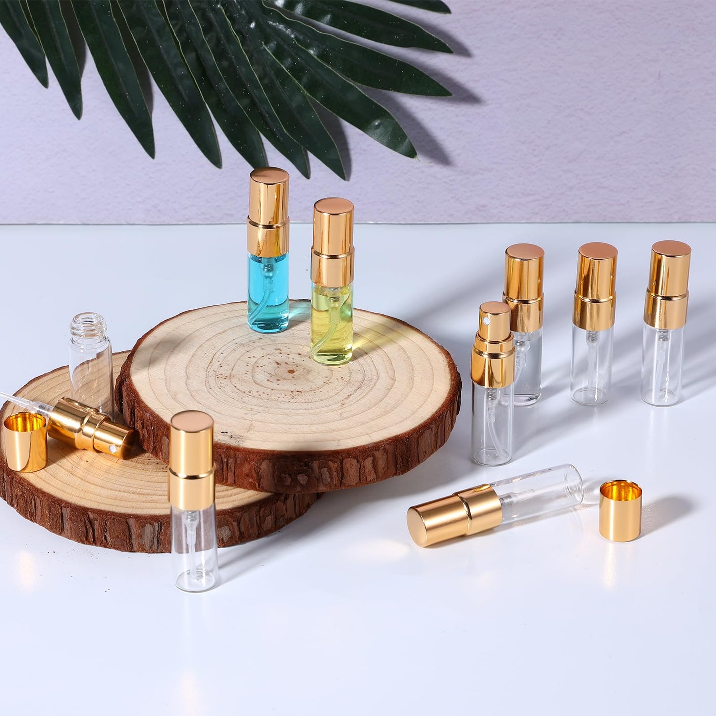 Dimeho 60 Pcs 3ml Fine Mist Atomizer Empty Glass Spray Bottle Refillable Perfume Travel Bottles Clear Portable Sample Containers with Gold Lids for Cleaning Essential Oils Makeup Liquid DIY Party