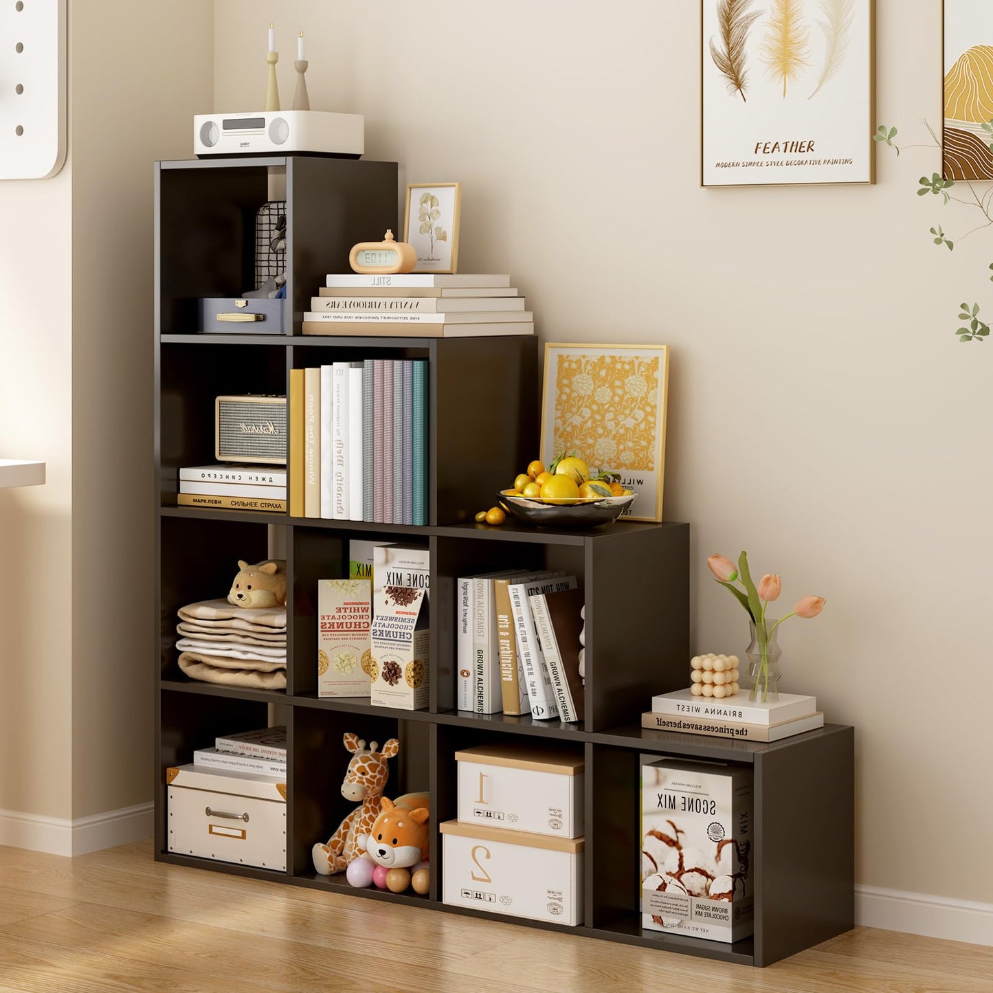 OSCHF Ladder Cube Storage Bookcase - Wooden L-Shaped 4-Tier Corner Shelf, Reversible 10-Cube Organizer for Home & Office, Black