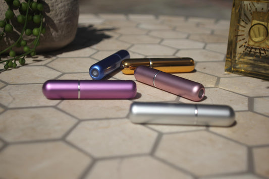 PocketPurrfect Portable Travel Size Mini Refillable Spray Perfume Atomizer Bottle 5 pcs and 5 colors (Lavender, Rose, Azure, Gold, Silver) Leak-Proof Aluminum for Perfume/Cologne