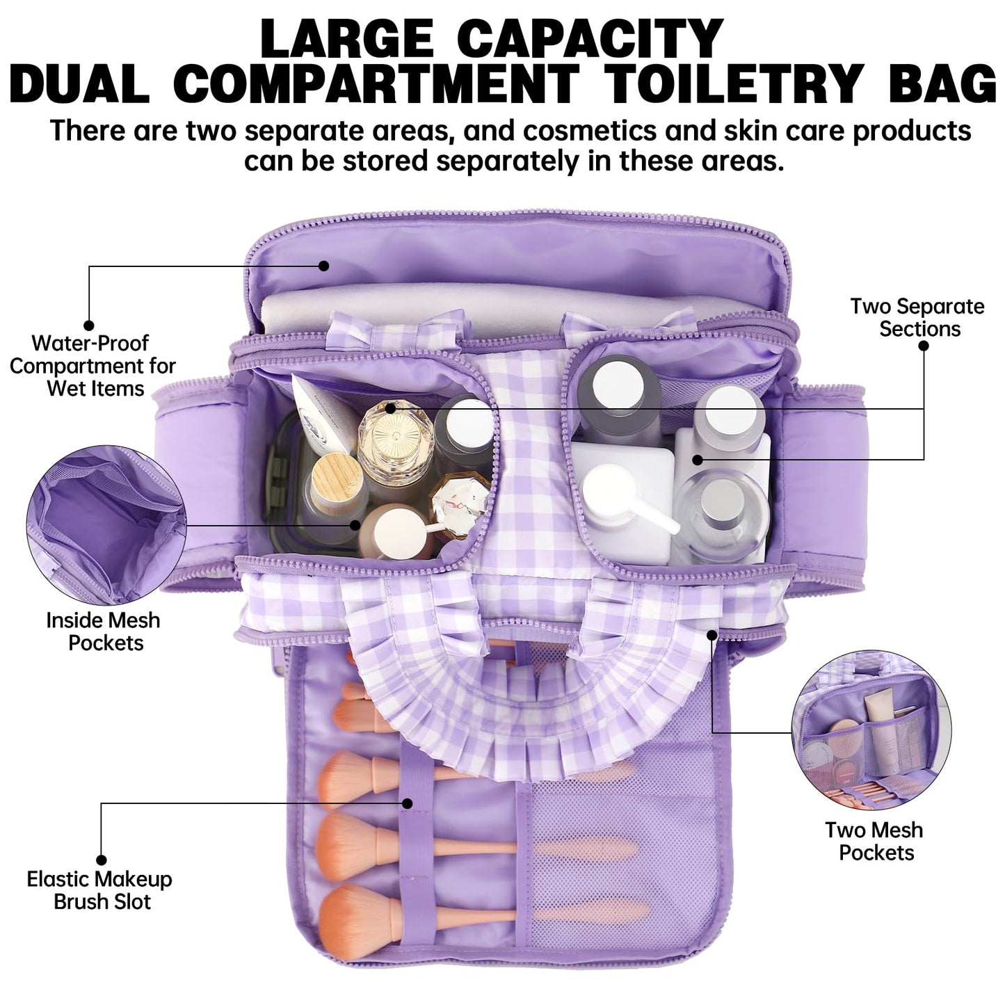 THOVSMOON Travel Toiletry Bag for Women,Water-resistant Large Gingham Makeup Cosmetic Organizer with Ruffles Handle for Traveling, Toiletries, Cosmetic, Essentials Accessories(Purple Gingham)