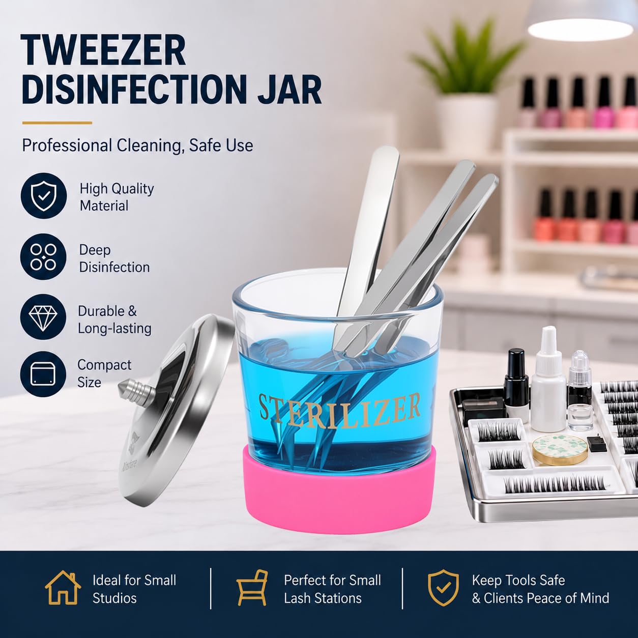Xinshare Nail Tool Disinfectant Jar, 6Oz Glass Durable Manicure Pedicure Implements Sterilizer Container,Salon Storage & Organizer for Nail Art Tools Beauty Centers Equipment Cleaning,Hot Pink