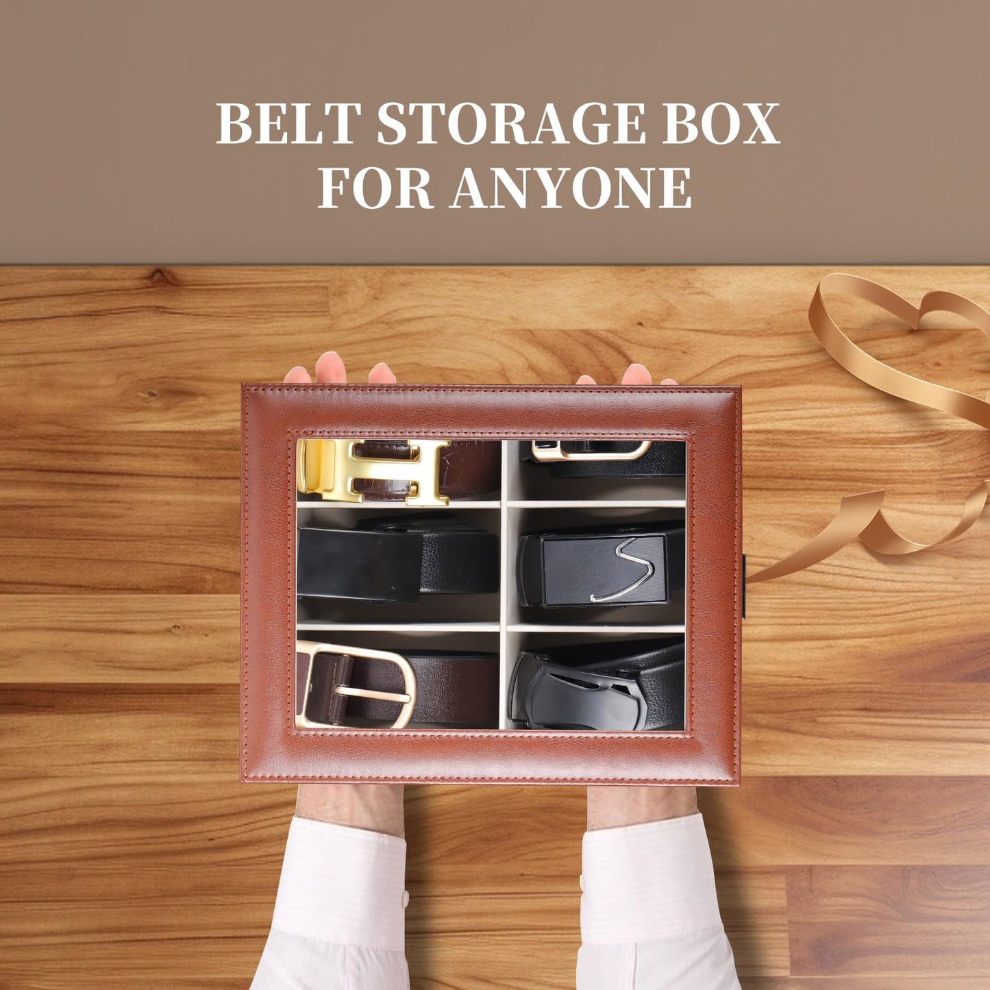 AUTOARK PU Leather Belt Organizer with 6 Compartments & Transparent Glass Top,Compact Storage for Belts,Ties,and Accessories,Perfect for Men,Women,and Home Organization,Brown,MKAW242