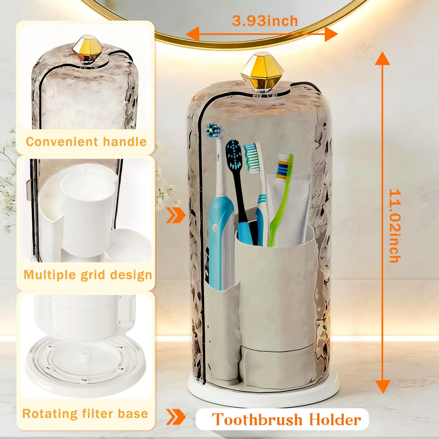 Toothbrush Holder with Cover, Dustproof Toothbrush Holders for Bathroom Organizer Countertop, 360° Rotating Sliding Lid Makeup Brush Holder for Multi-Functional Storage (Translucent Grey)
