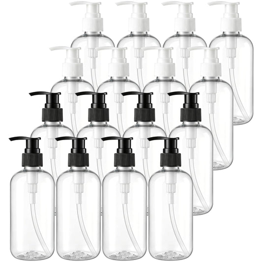 Bekith 16 Pack Empty Plastic Pump Bottles Dispenser, 8oz/240ml Clear Pump Bottle Dispenser, Portable Refillable Container for Hand Soap Lotion Shampoo Conditioner Essential Oil Liquid