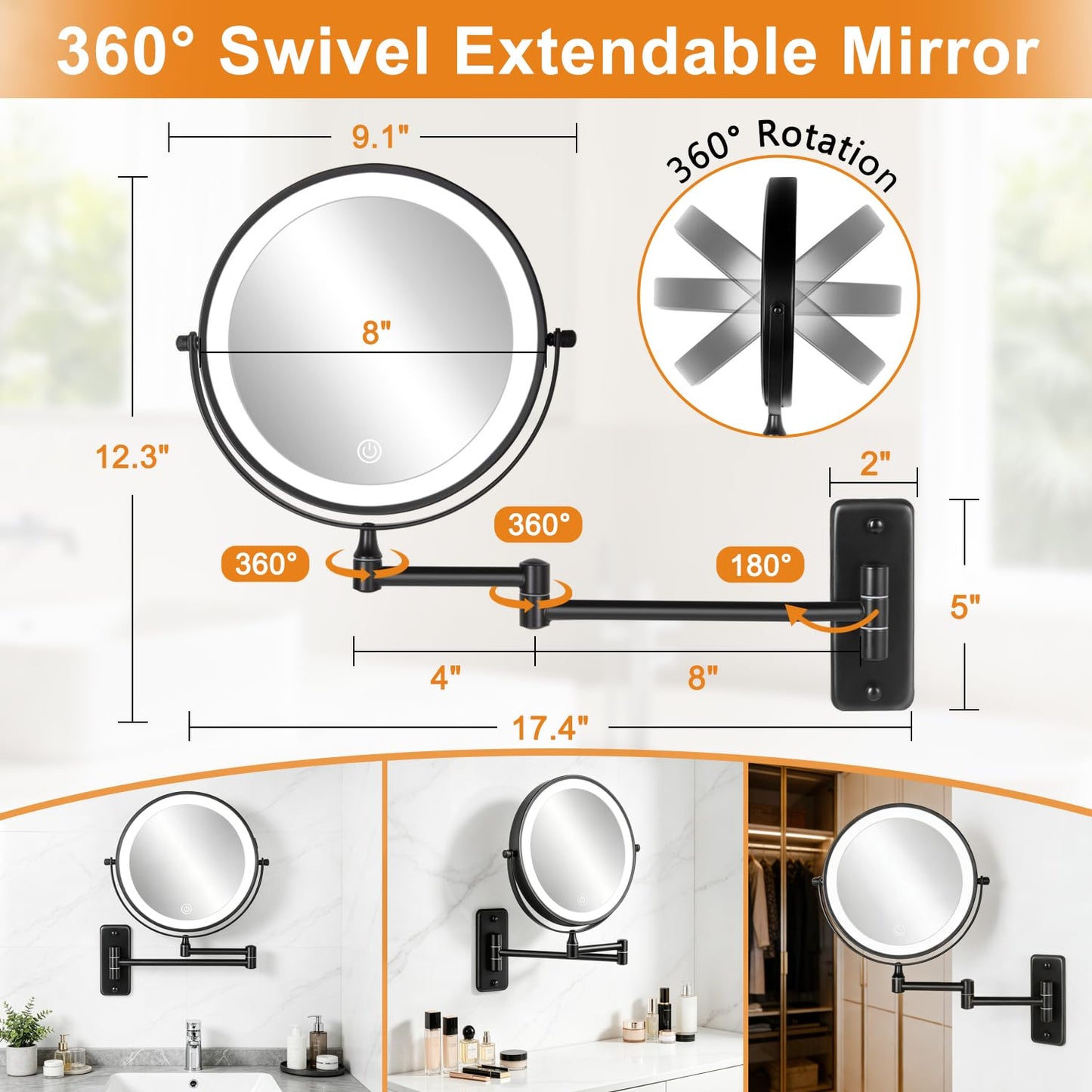 DECLUTTR 1X/30X Wall Mounted Lighted Makeup Mirror, 8" Rechargeable Double Sided Magnifying Mirror with Light, 3 Color Lights Touch Dimmable, Extended Swivel Makeup Mirror