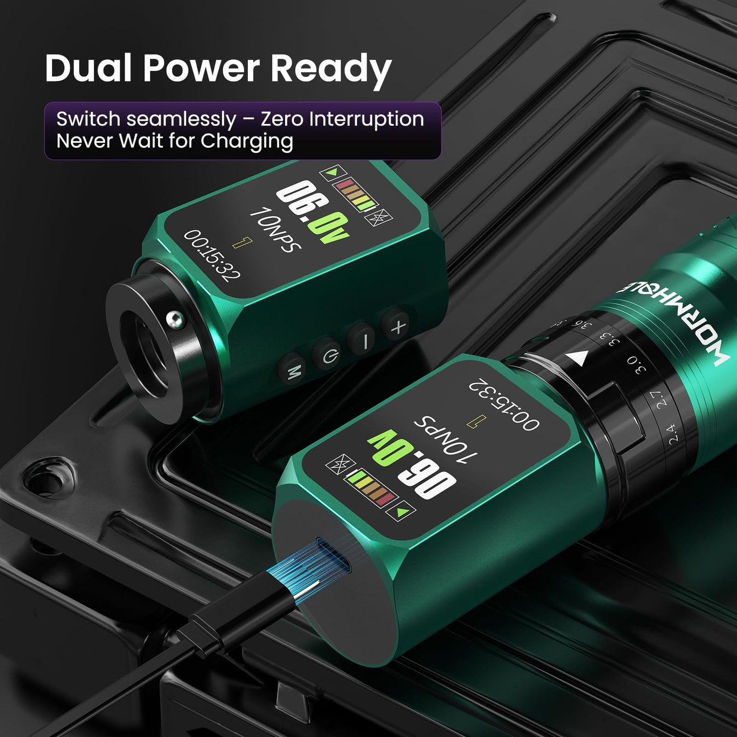 Wormhole 2PCS 2,300mAh Batteries Tattoo Gun Kit 8PCS 30ML Tattoo Inks Wireless Tattoo with 7 Adjustable Strokes Smart Display with 4 Memory Storage 3 Working Modes for Artist WTK0293