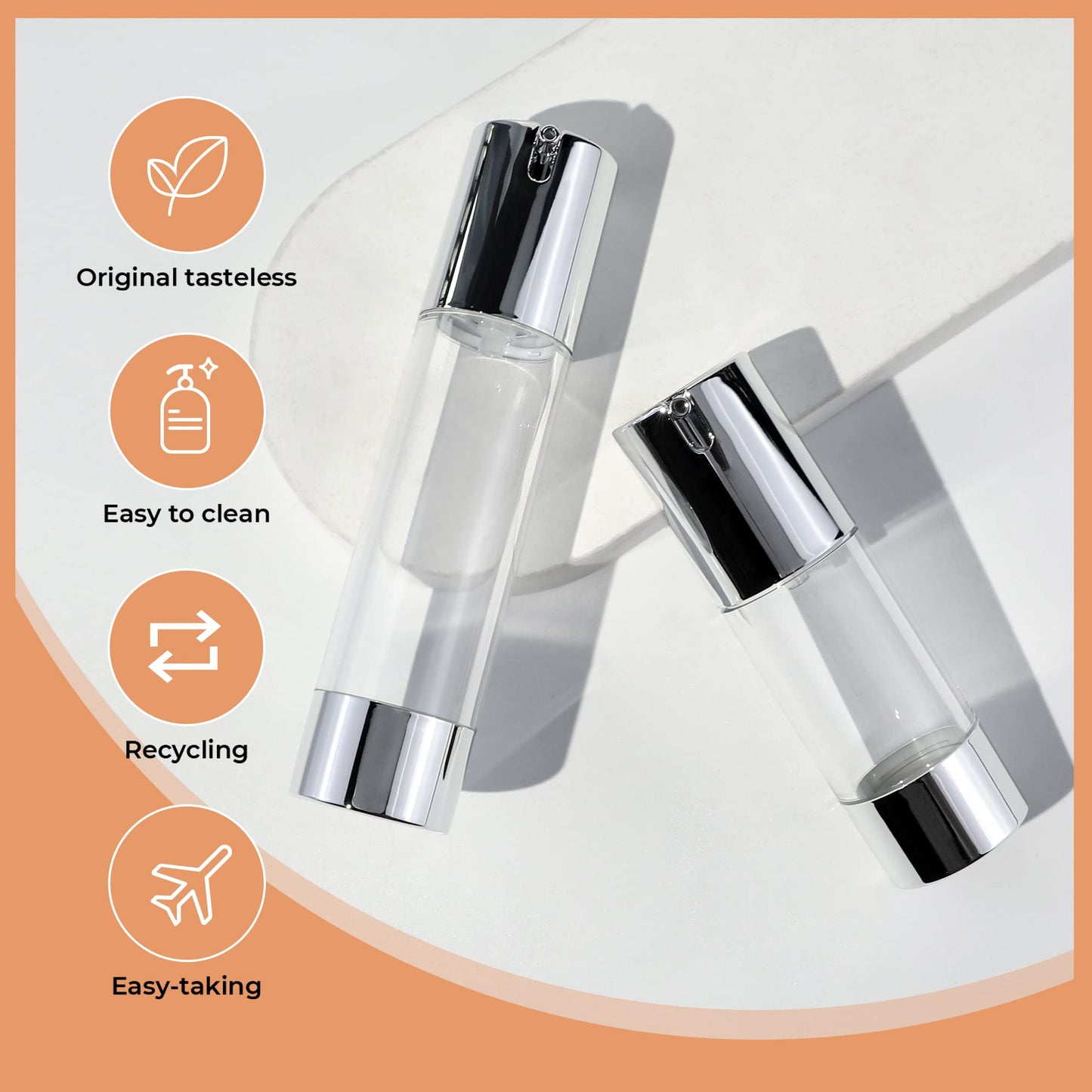 longway Silver Airless Cosmetic Cream Pump Bottle Travel Size Dispenser Refillable Containers（1oz/30ml,pack of 6