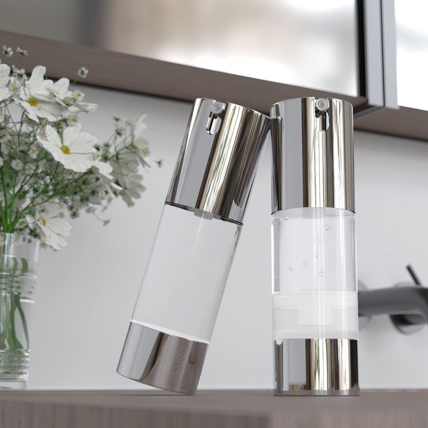 longway Silver Airless Cosmetic Cream Pump Bottle Travel Size Dispenser Refillable Containers（1oz/30ml,pack of 6
