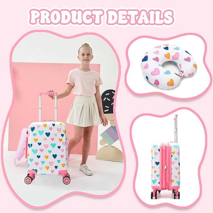 Kid’s Luggage Set 5 Piece Suitcase Set 16’’ Hardside Luggage with Spinner Wheels Girls Carry on Toddler Travel Rolling Suitcase Carry on Luggage Airline Approved