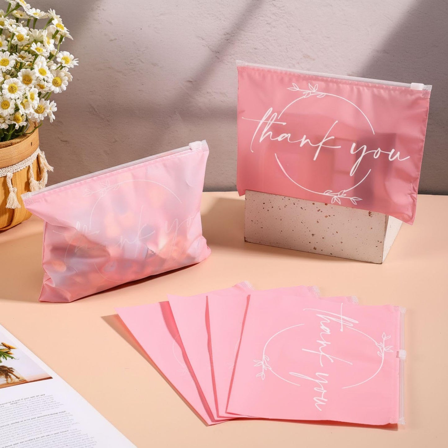 Ireer 100 Pcs Thank You Gift Makeup Bags EVA Clear Cosmetic Bag with Zipper Mini Makeup Thank You Toiletry Cosmetics Bulk Gifts for Women Birthday Daughter Sister(Pink, White)