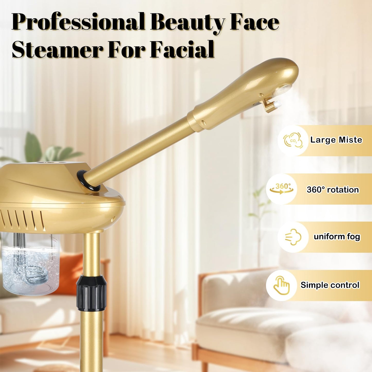 Facial Steamer Professional with More Steam for Deep Cleansing and Hydration, Steamer for Facial with Time Setting, Face Steamer Adjustable Height for Beauty, Spa and Home Use, Gold
